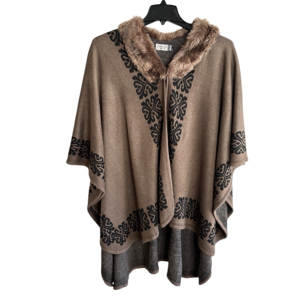 Poncho Cape Shaw Coat Ornate Women's Faux Fur Trim Brown Black One Size Classic - Picture 2 of 12